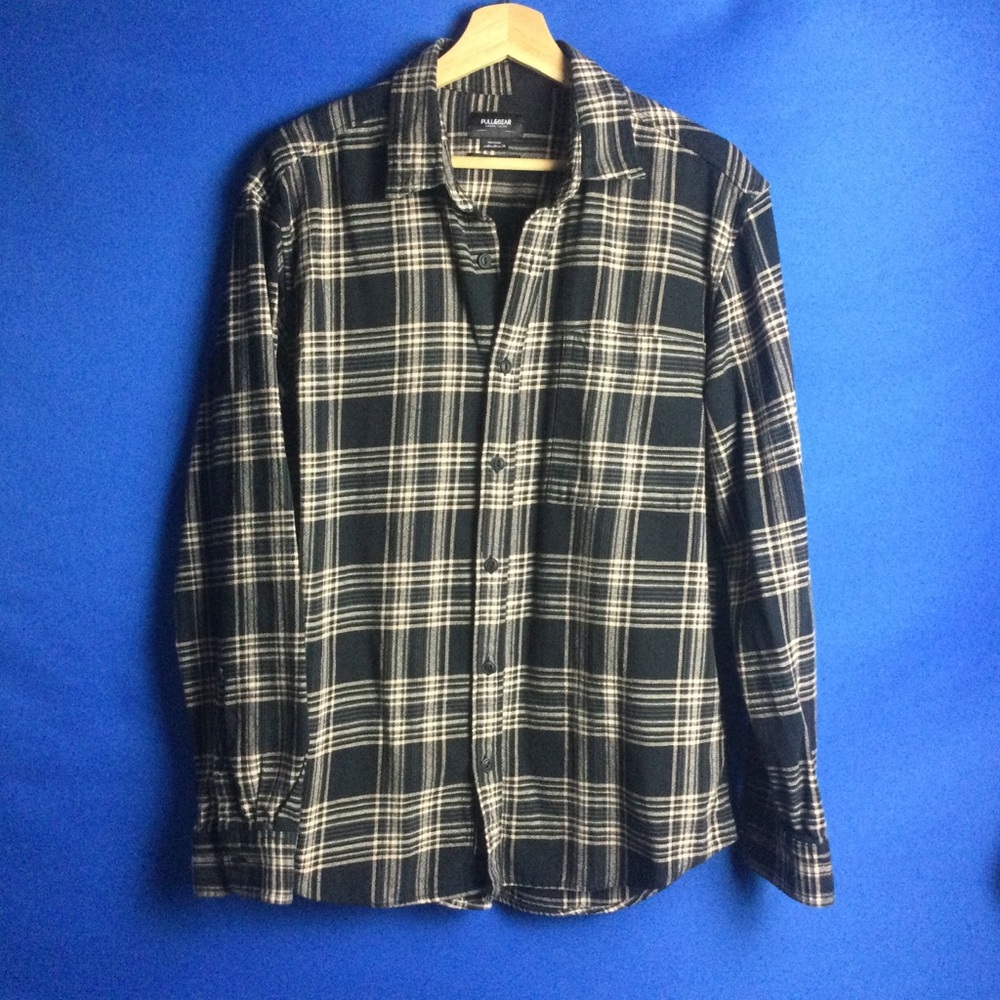 Pull & Bear Plaid Shirt Men's Button Up Medium Cotton Black and tan 40" Chest